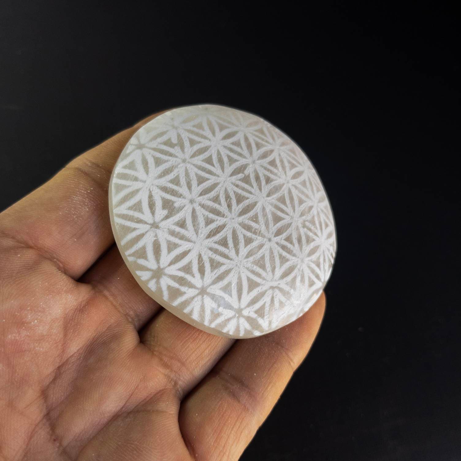 Engraved Selenite Palm Stone: Flower of Life Crystal Charging Wand