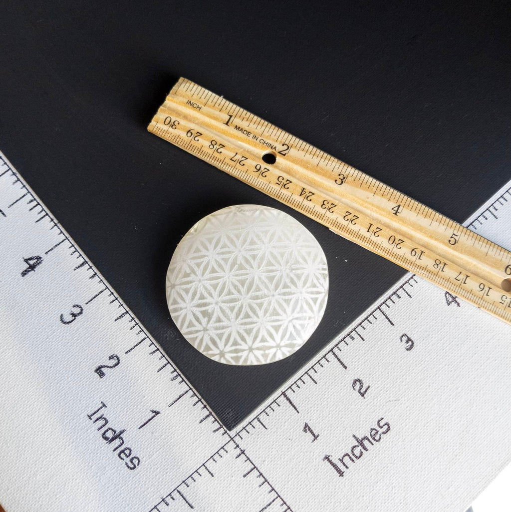 Engraved Selenite Palm Stone: Flower of Life Crystal Charging Wand