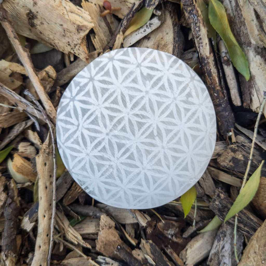 Engraved Selenite Palm Stone: Flower of Life Crystal Charging Wand