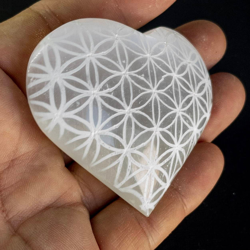Engraved Selenite Heart Palm Stone: Moroccan Crystal (6cm)