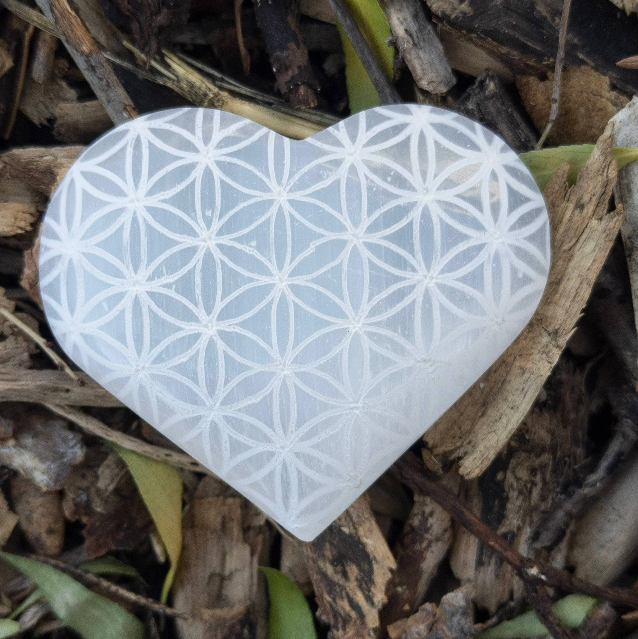 Engraved Selenite Heart Palm Stone: Moroccan Crystal (6cm)