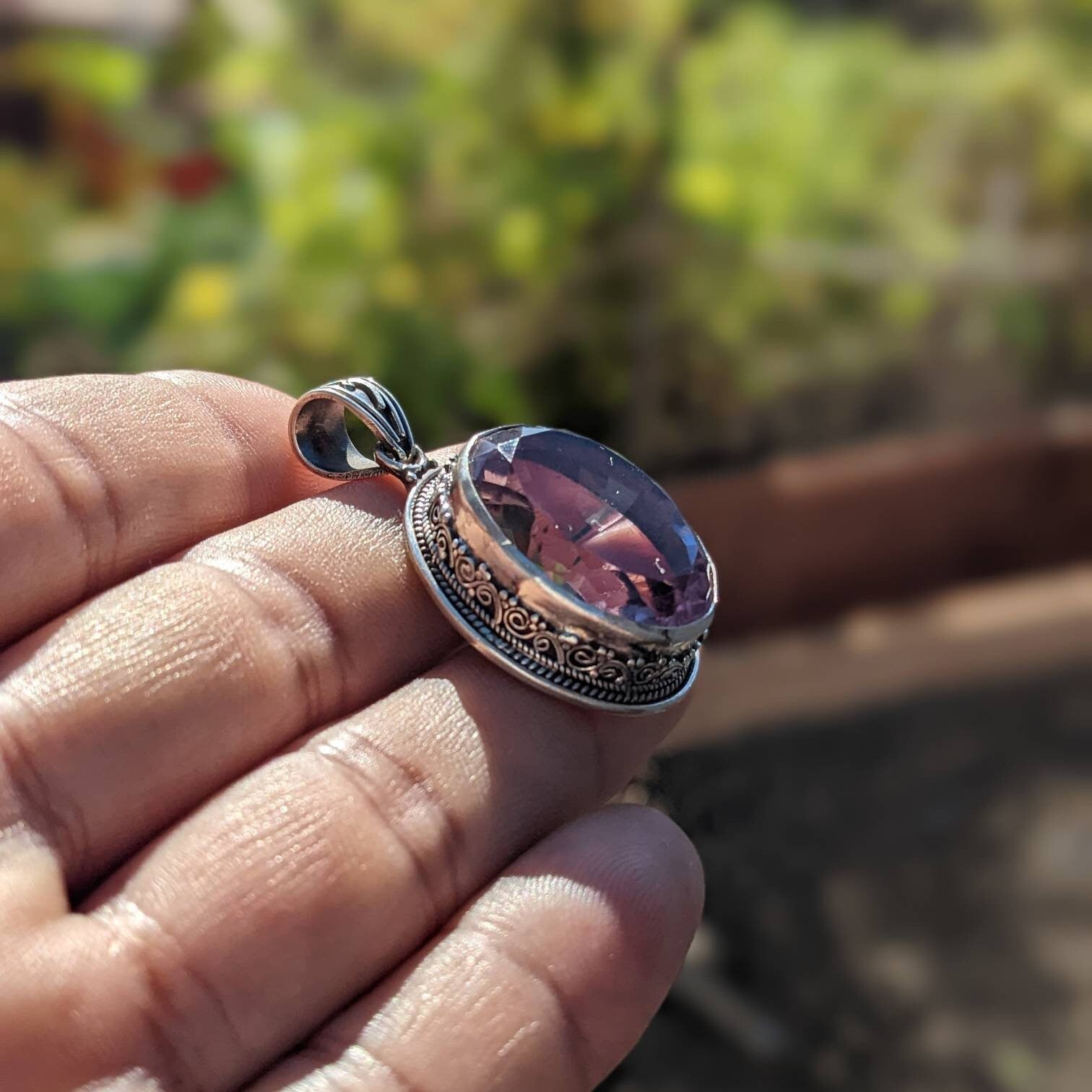 Sterling Silver Oval Amethyst Pendant, Anniversary Gift