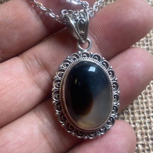 P3/34 - Natural Black Onyx Gemstone of Silver Pendant (T12-034)