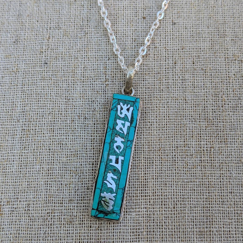 Tibetan Silver Amulet: Om Mani Padme Hum Turquoise Pendant T1101