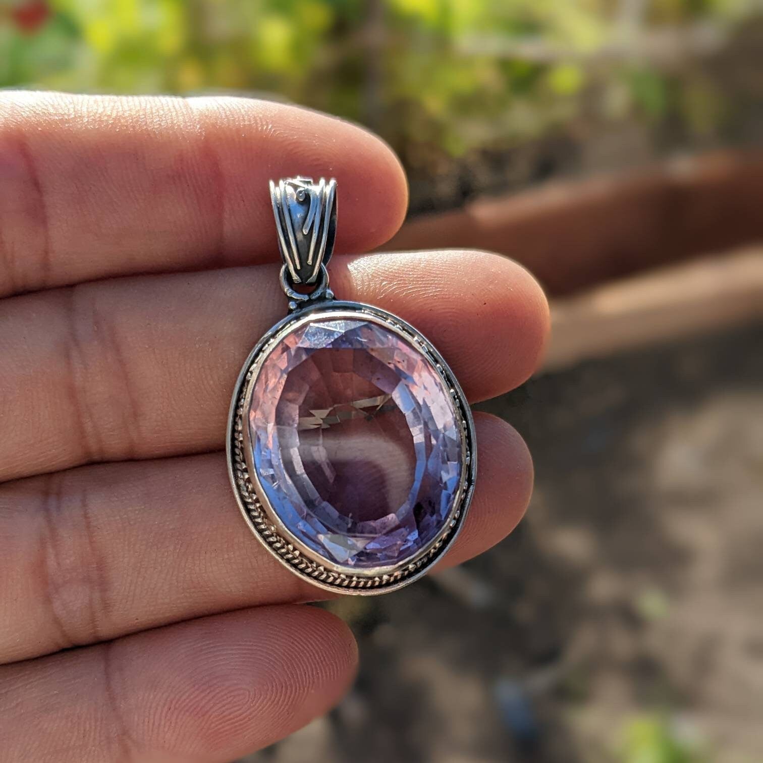Sterling Silver Oval Amethyst Pendant, Anniversary Gift