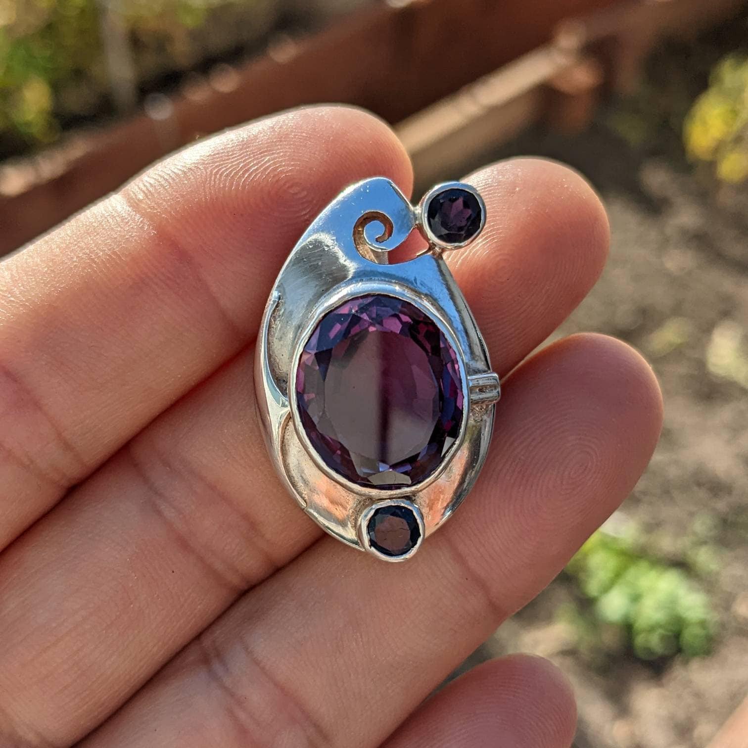 Oval Amethyst 925 Sterling Silver Pendant - Tibetan Style