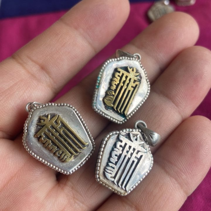 Silver Buddhist Ghau Pendant: Tibetan Mantra Amulet