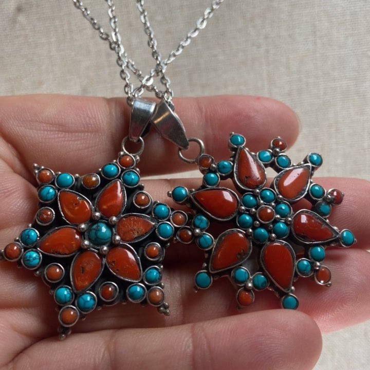 P3/75- Silver Pendant with Coral and Turquoise gemstone (T12-075)