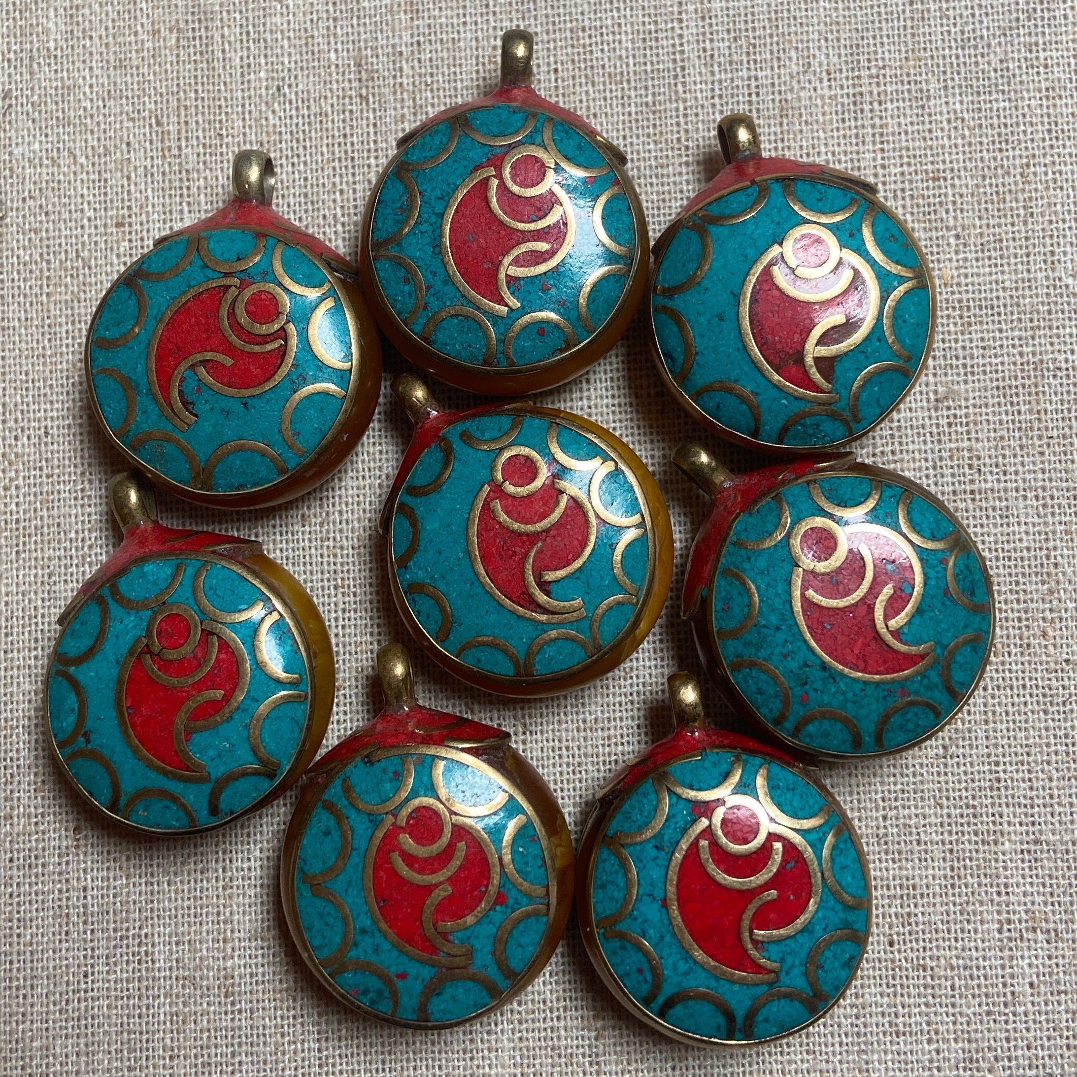 P4/2- Ethnic Nepal Tibetan Spiral Pendant with Brass, Turquoise, Coral Inlays (T12-2/2)