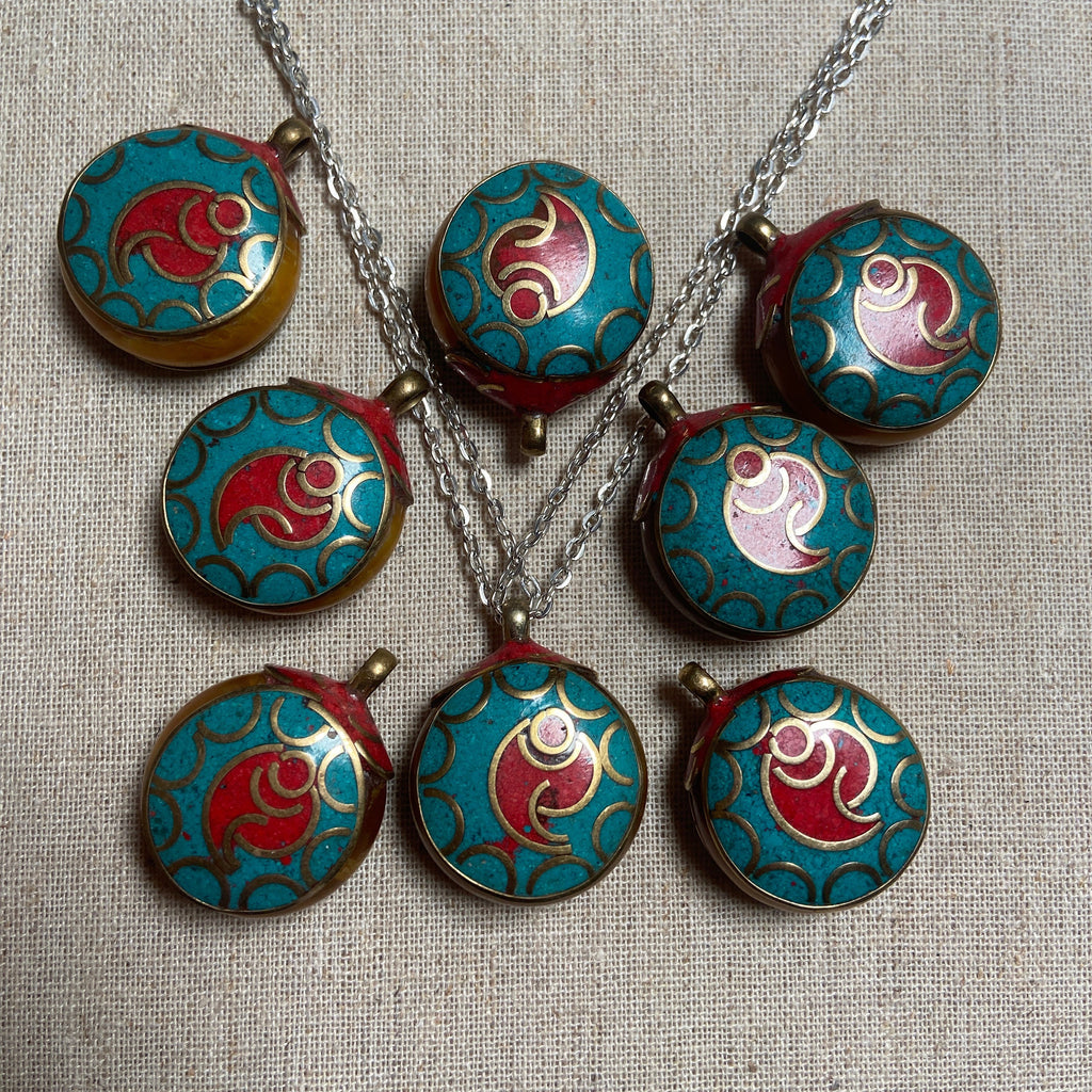P4/2- Ethnic Nepal Tibetan Spiral Pendant with Brass, Turquoise, Coral Inlays (T12-2/2)