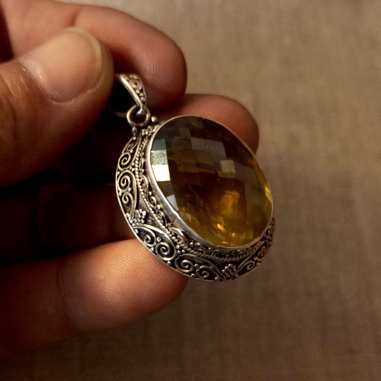 Sterling Silver Celtic Citrine Pendant: Handmade Filigree Necklace