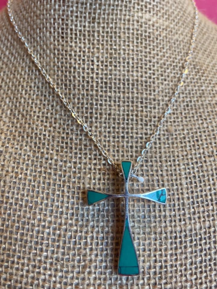 Native American Inlaid Turquoise 925 Sterling Silver Cross Pendant.(T1102-001)