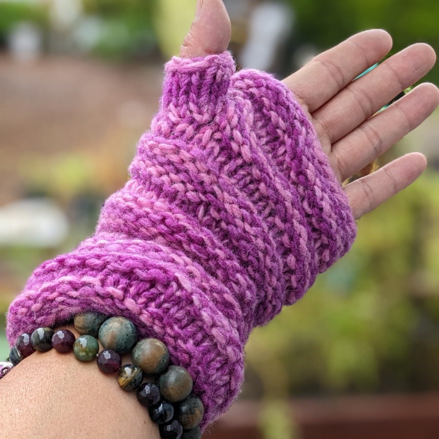 Handmade woolen knit fleece lined multi color unisex fingerless gloves