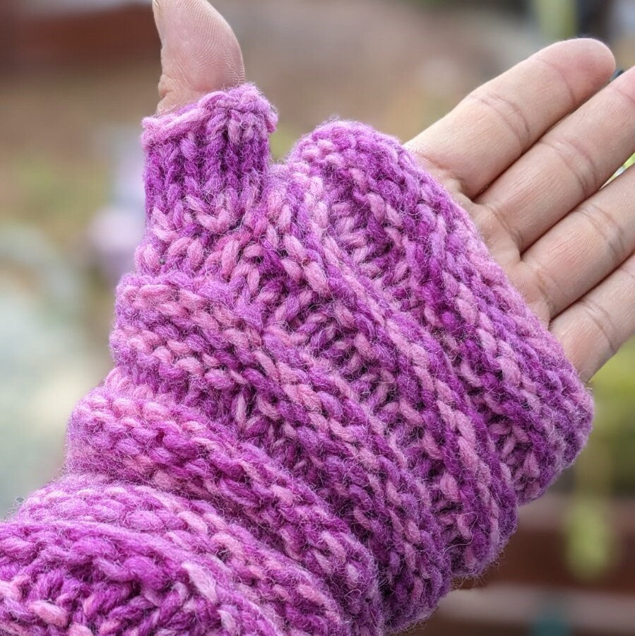 Handmade woolen knit fleece lined multi color unisex fingerless gloves