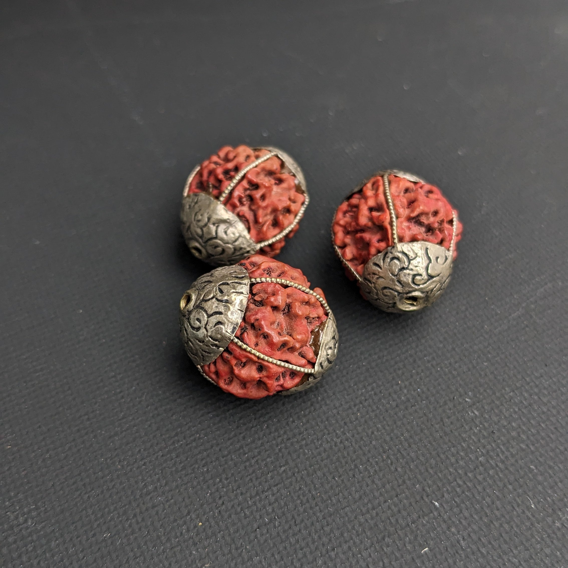 3 Handcrafted 5 Mukhi Rudraksha Beads with Silver Inlay (20mm)