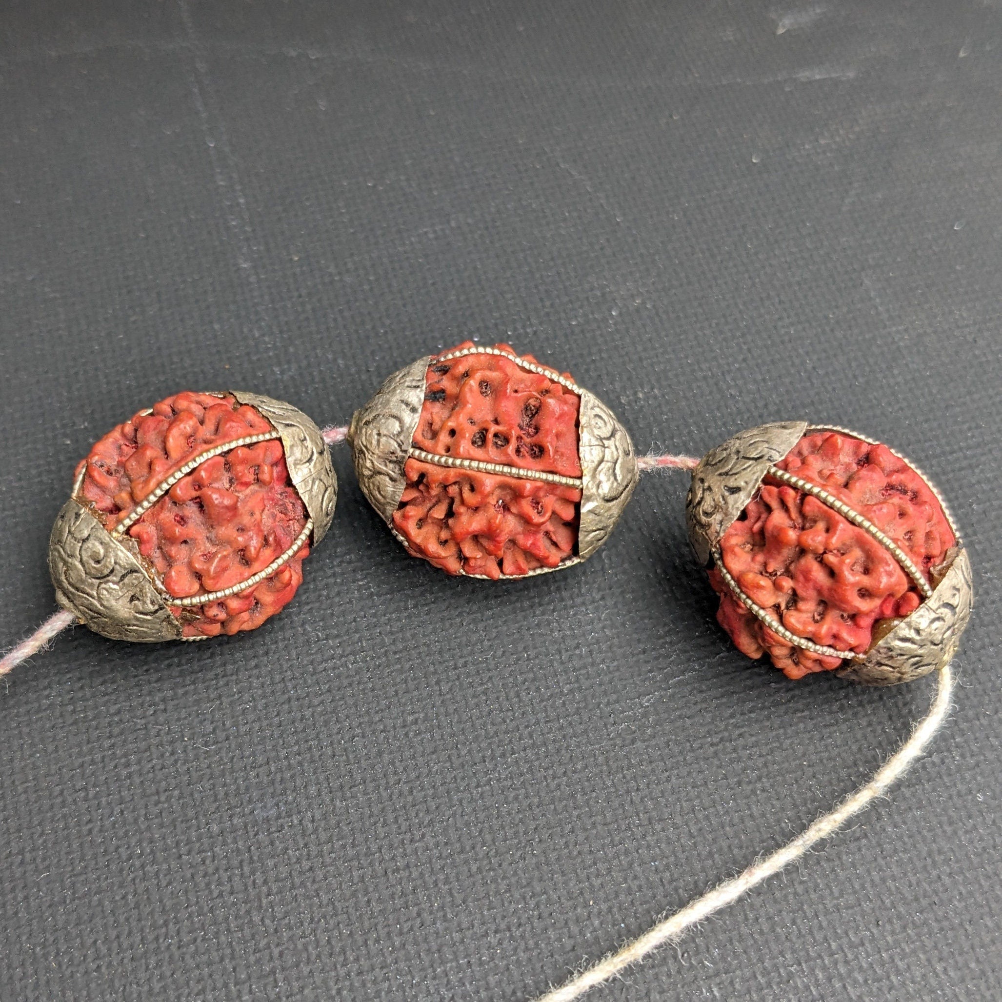 3 Handcrafted 5 Mukhi Rudraksha Beads with Silver Inlay (20mm)