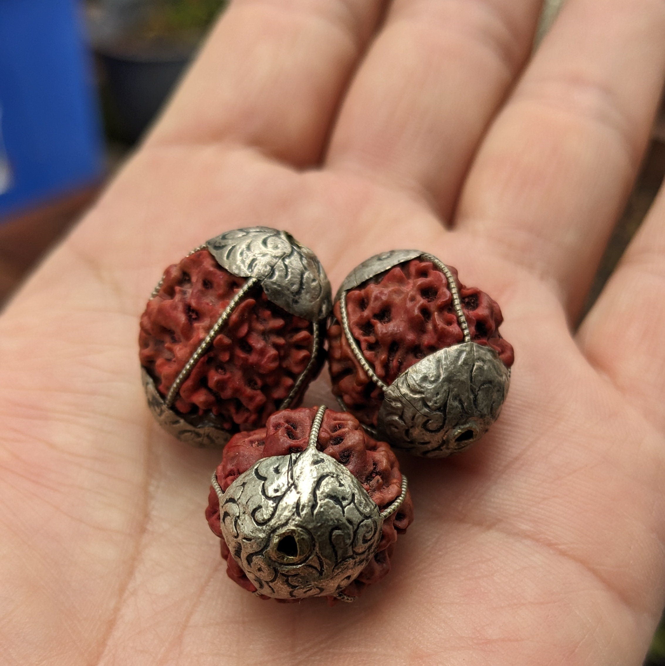 3 Handcrafted 5 Mukhi Rudraksha Beads with Silver Inlay (20mm)