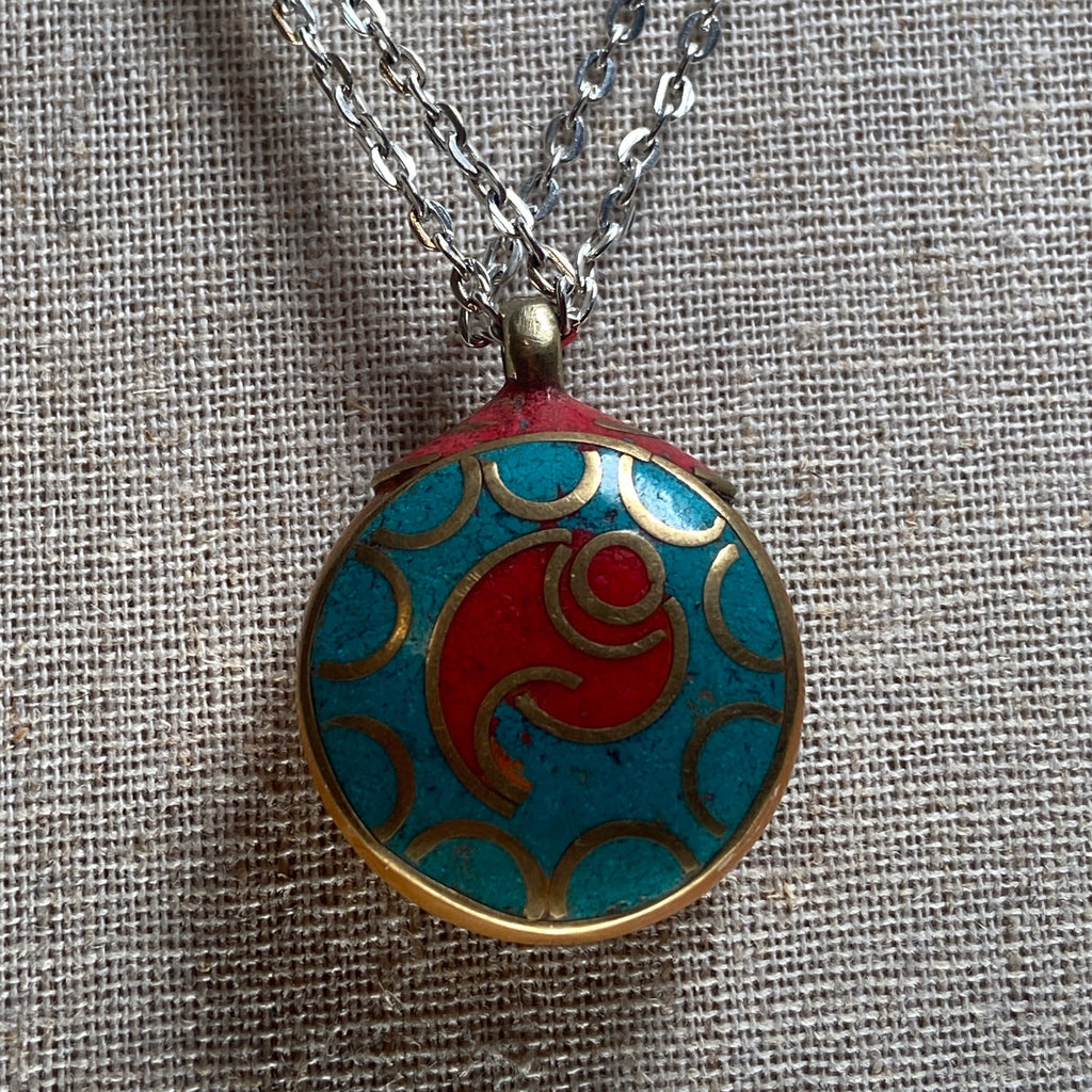 P4/2- Ethnic Nepal Tibetan Spiral Pendant with Brass, Turquoise, Coral Inlays (T12-2/2)