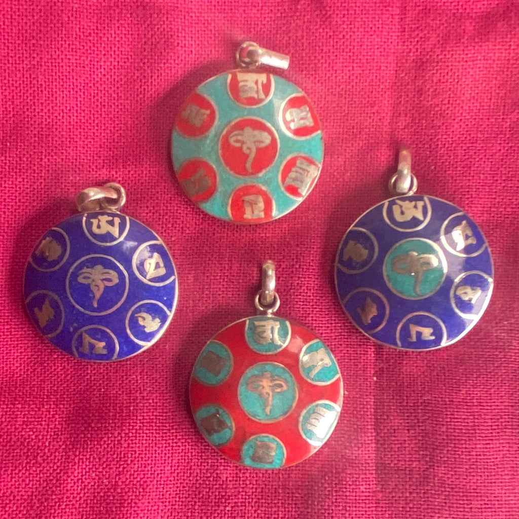 Tibetan Turquoise & Coral Om Mani Padme Hum Pendant
