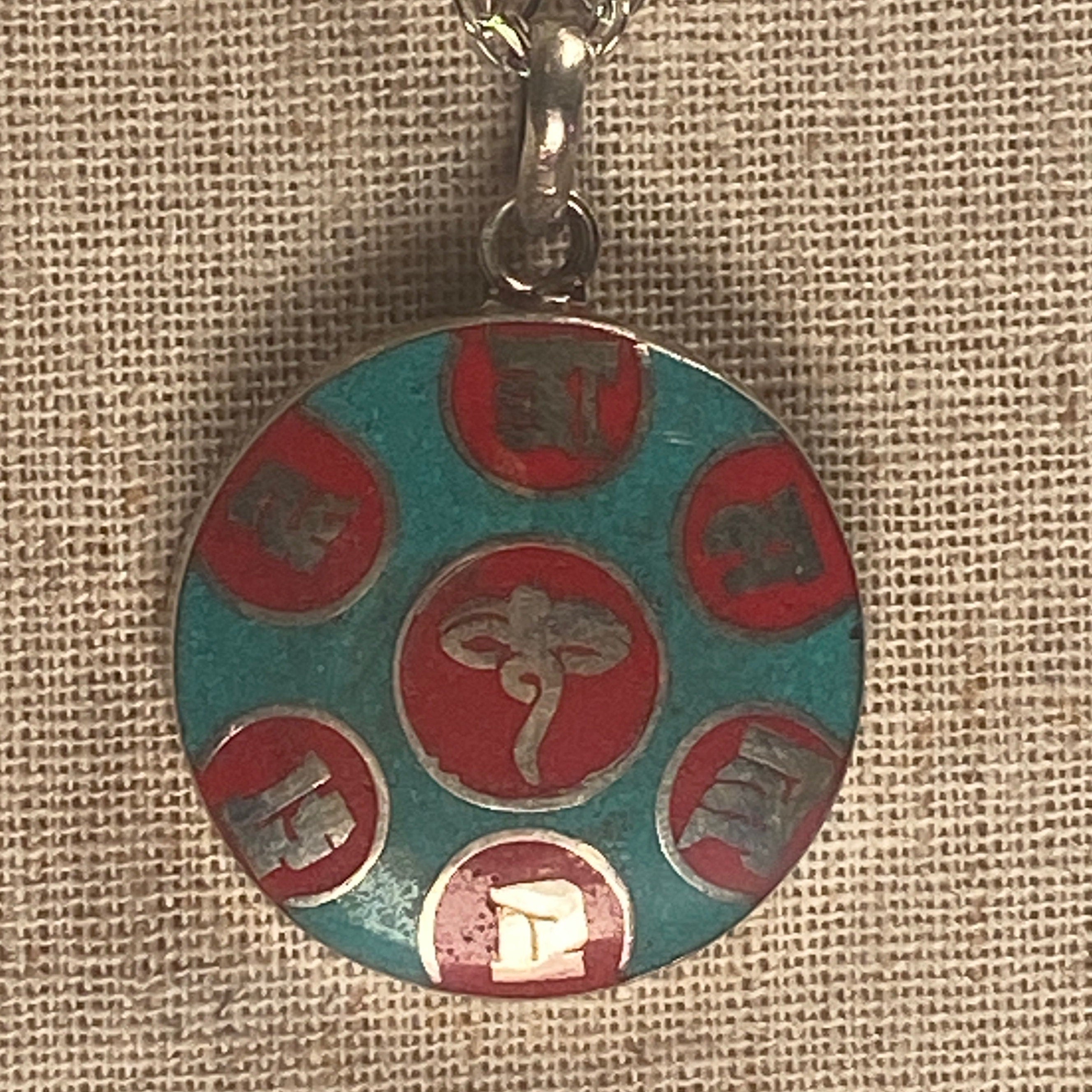 Tibetan Turquoise & Coral Om Mani Padme Hum Pendant