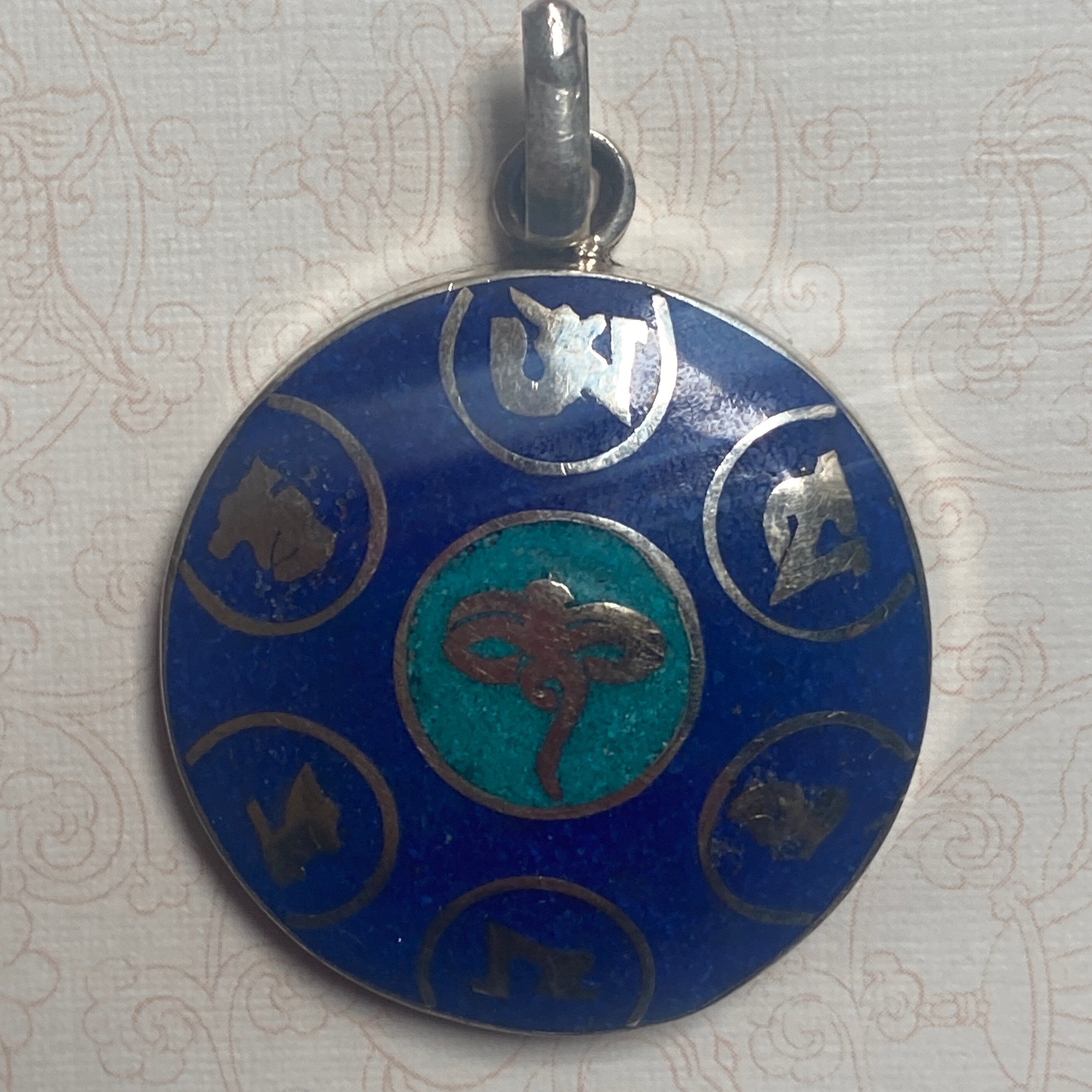Tibetan Turquoise & Coral Om Mani Padme Hum Pendant
