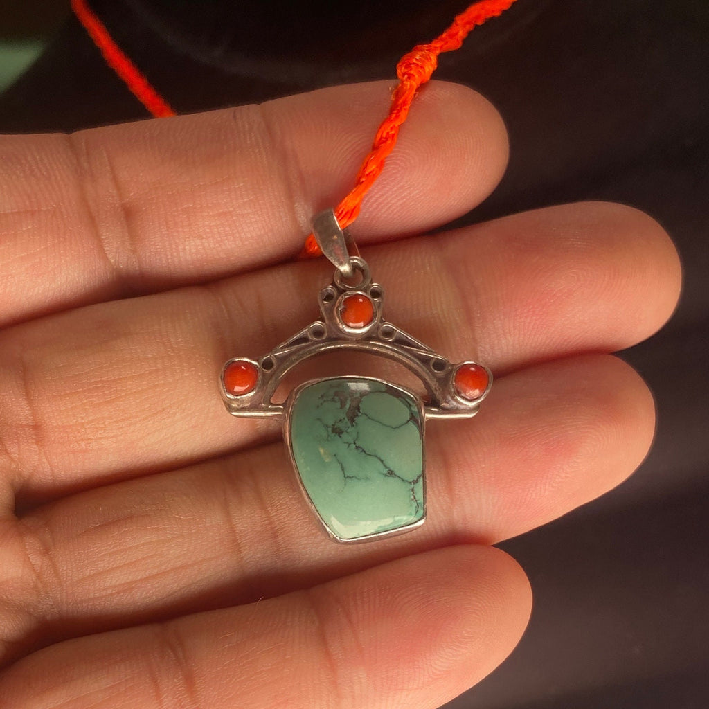 P5/12- VINTAGE Sterling Silver Turquoise & Red Stone Pendant(T12-3/12)