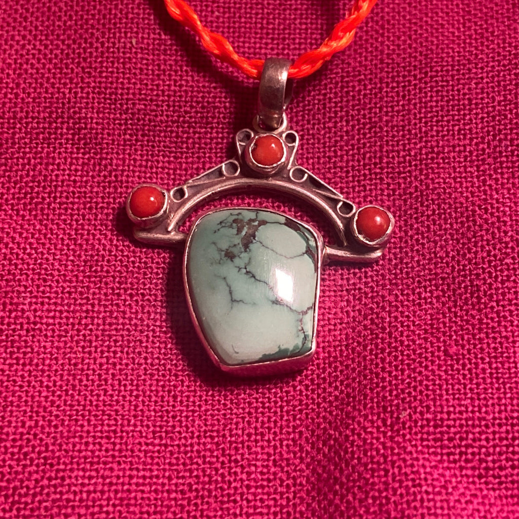 P5/12- VINTAGE Sterling Silver Turquoise & Red Stone Pendant(T12-3/12)