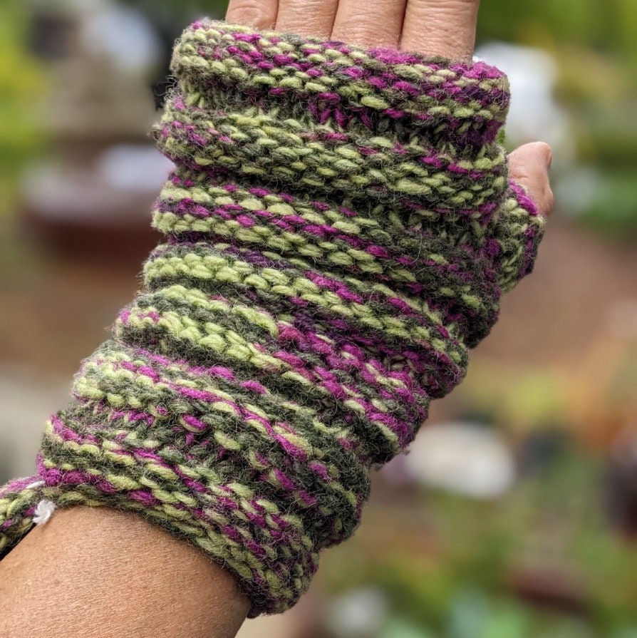 Handmade woolen knit fleece lined multi color unisex fingerless gloves