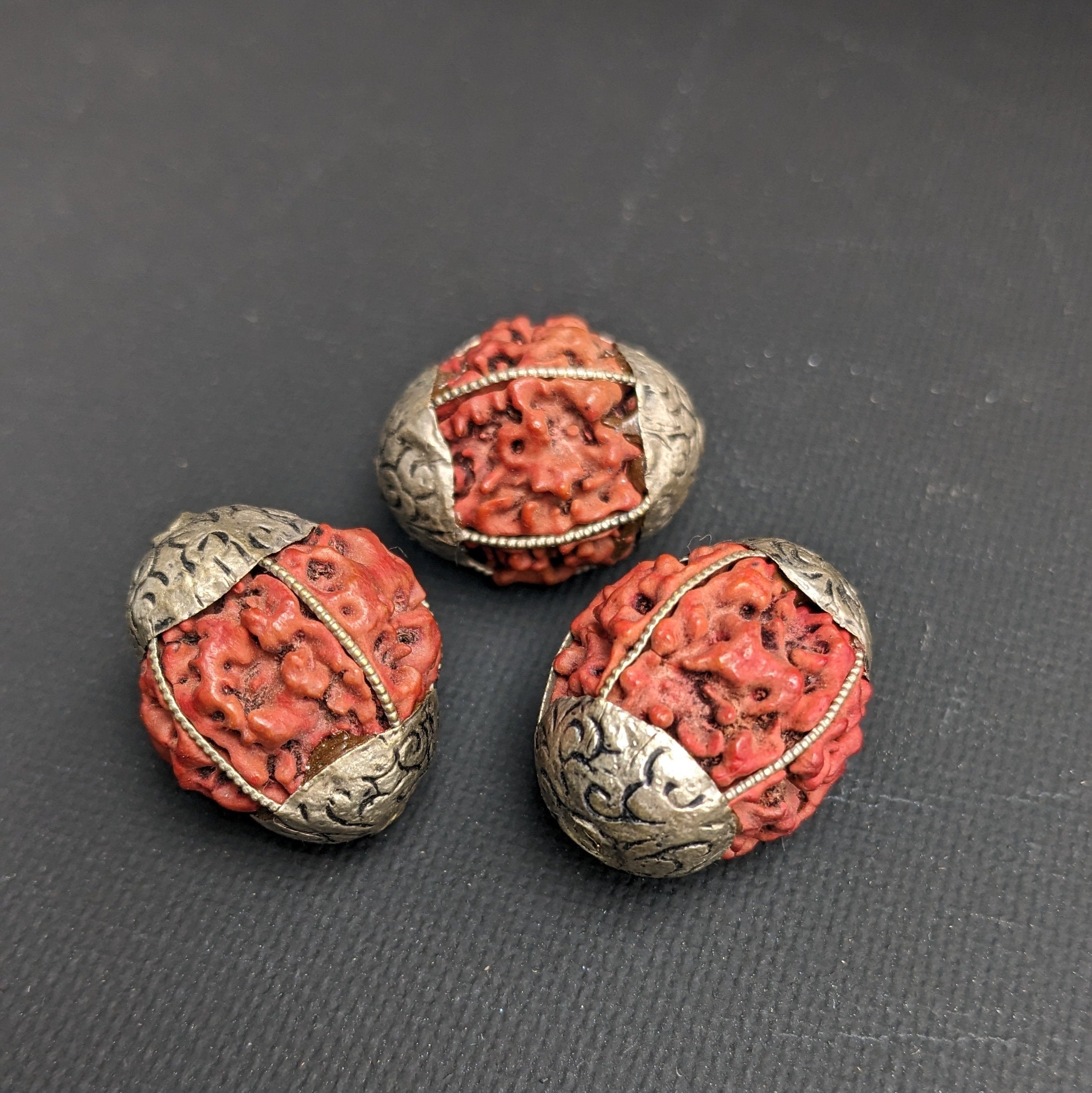 3 Handcrafted 5 Mukhi Rudraksha Beads with Silver Inlay (20mm)