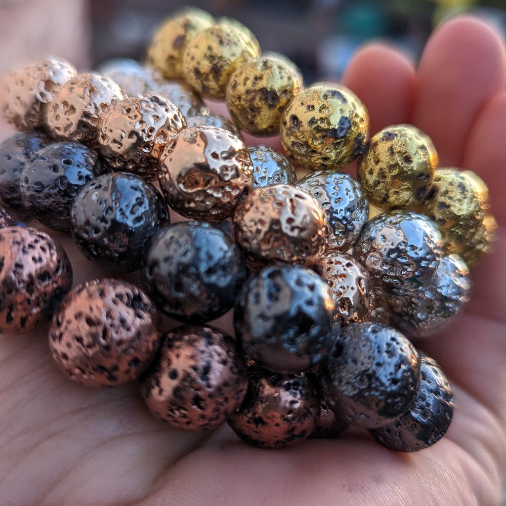 Electroplated Lava Stone Bracelet: Gold, Silver, Copper, Rose Gold (14mm)
