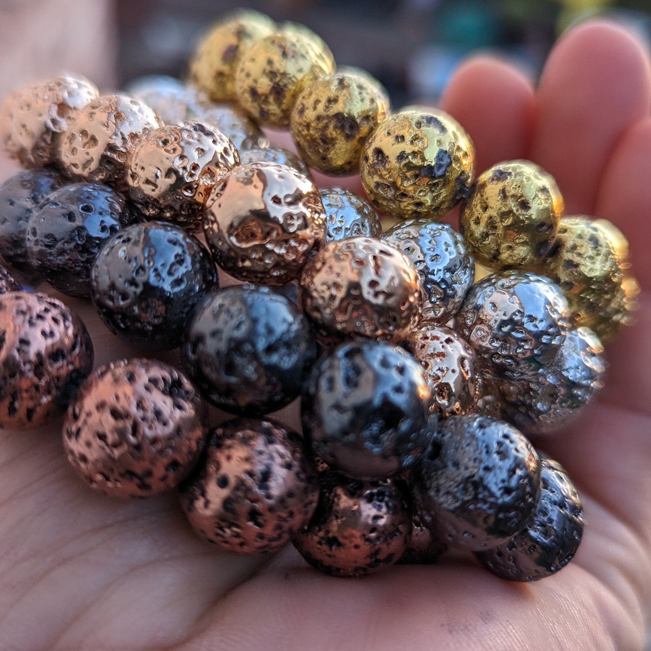Electroplated Lava Stone Bracelet: Gold, Silver, Copper, Rose Gold (14mm)