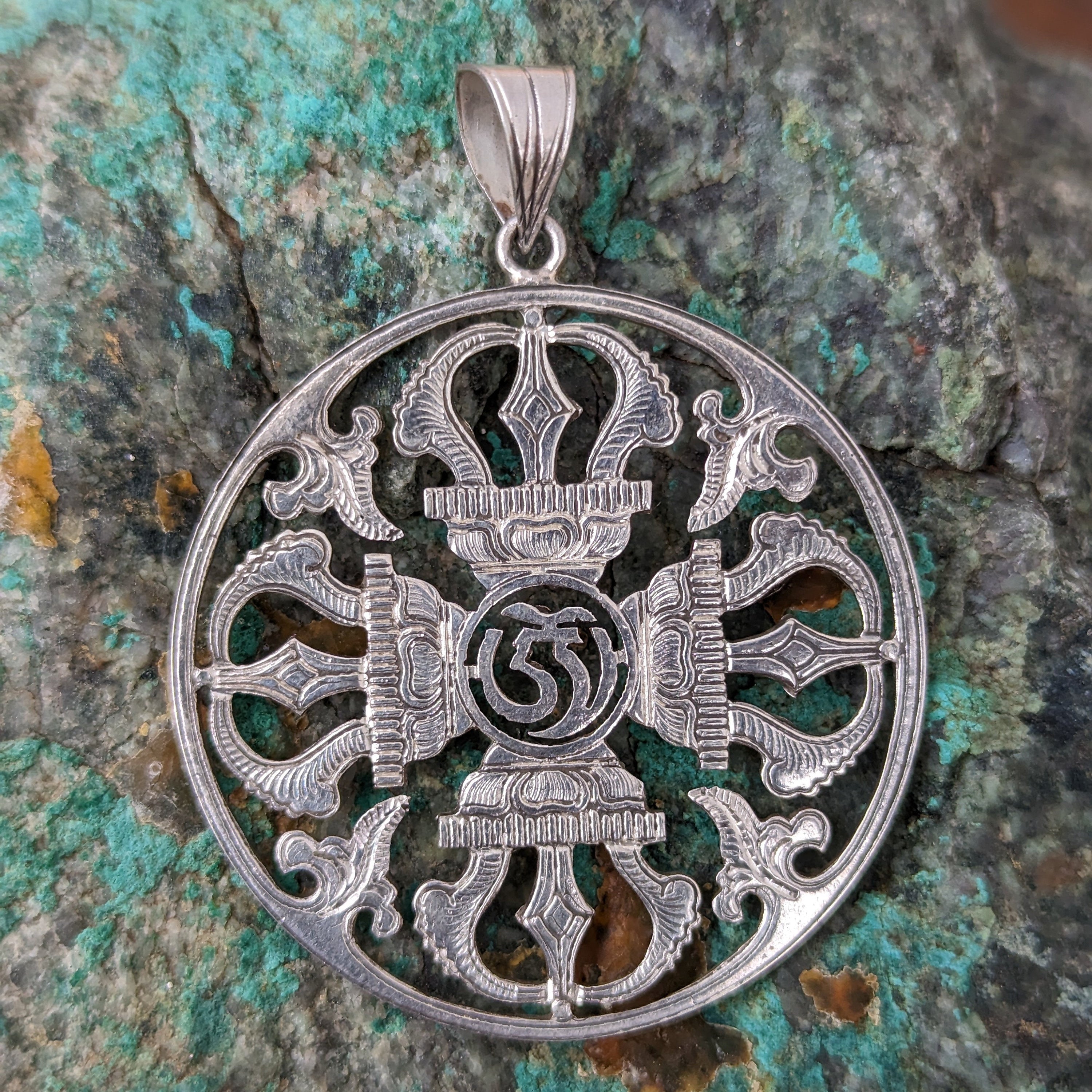 Silver Tibetan Double Vajra cross pendant(Central Om) (T1102-007)