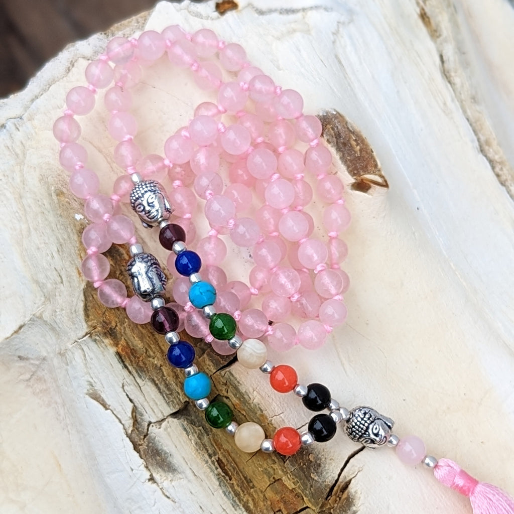 Knotted Rose quartz Bead Meditation Mala, 108 Beads
