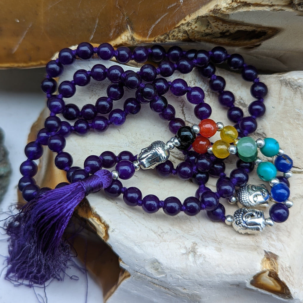 Knotted Amethyst Bead Meditation Mala, 108 Beads