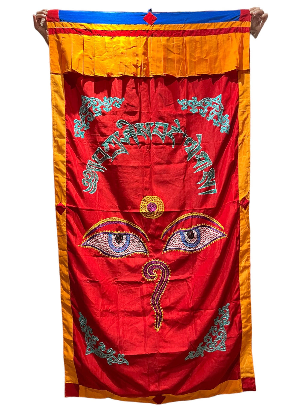 Tibetan Door Curtain: Auspicious Symbols, Silk Cotton Blend (3x6 ft)