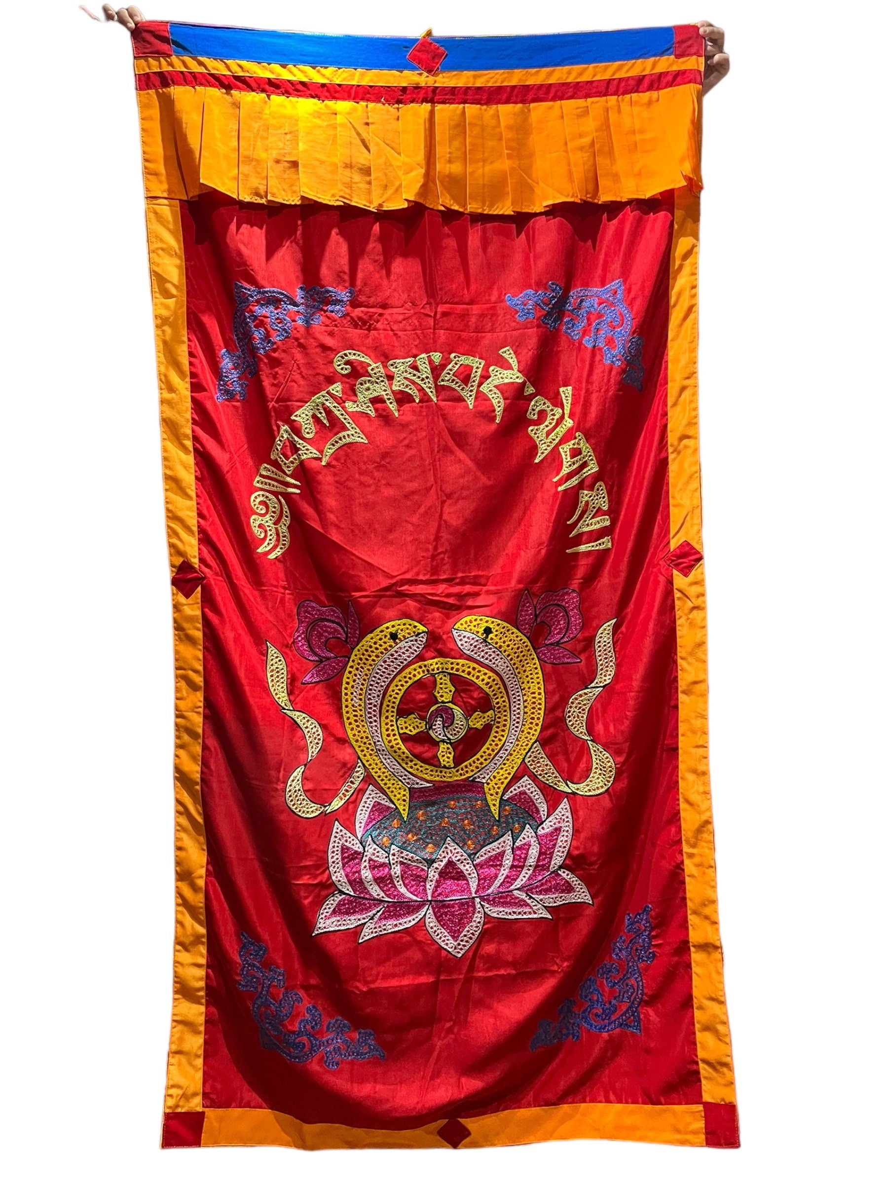 Tibetan Door Curtain: Auspicious Symbols, Silk Cotton Blend (3x6 ft)