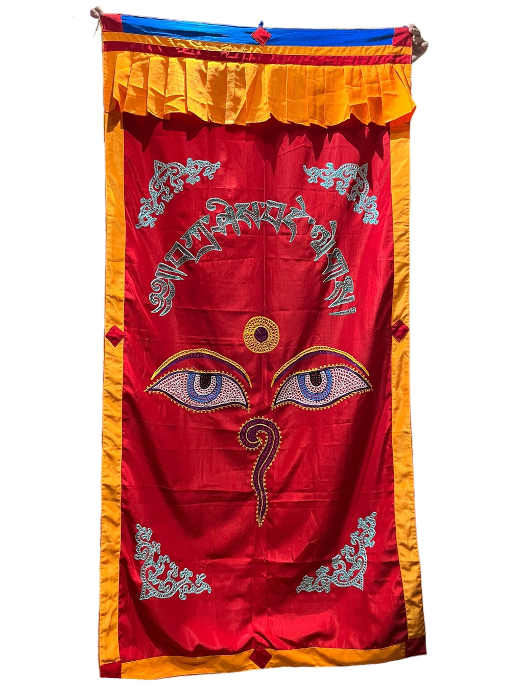 Tibetan Door Curtain: Silk Auspicious Symbols, 3x6 ft