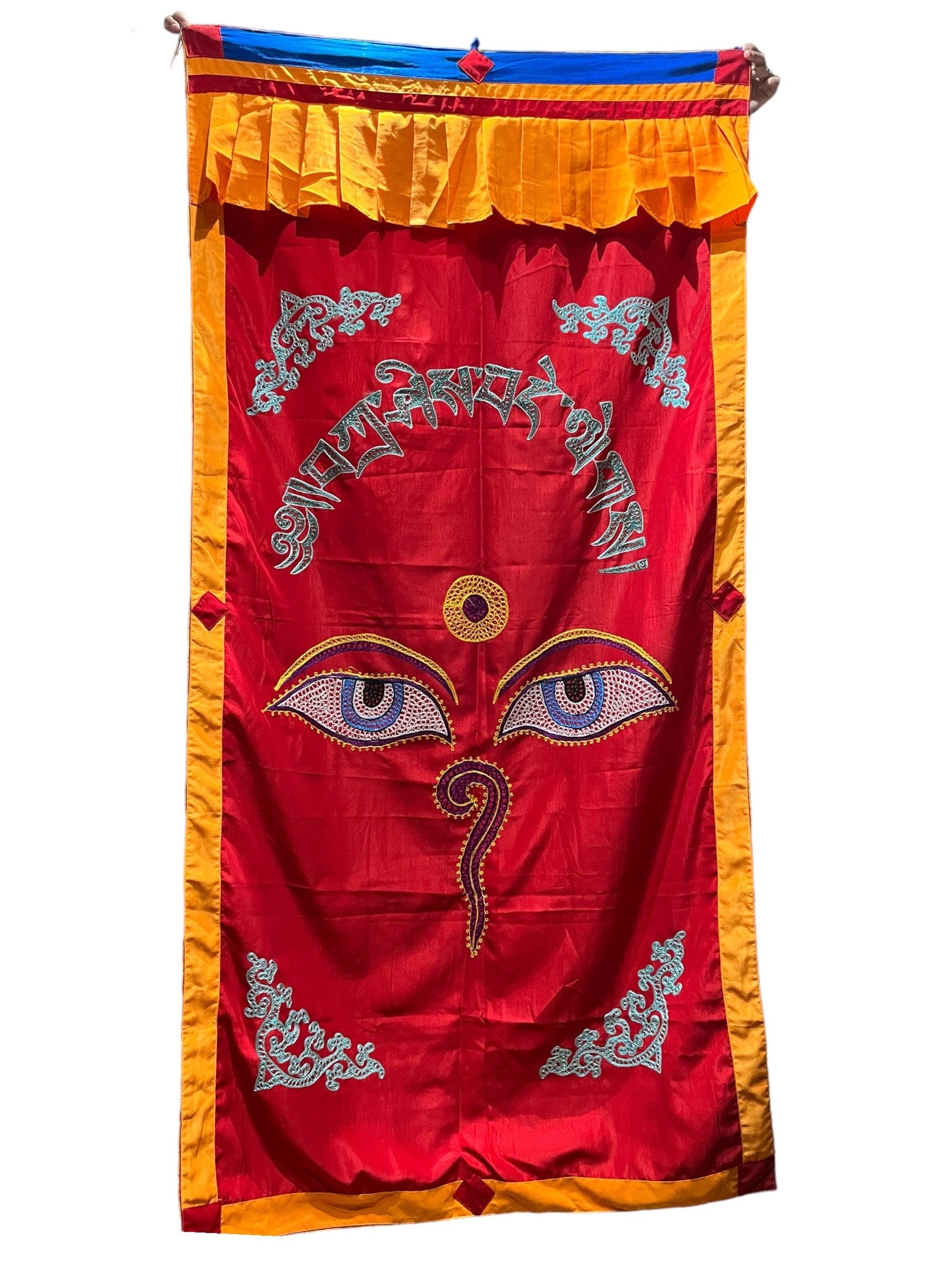 Tibetan Door Curtain: Silk Auspicious Symbols, 3x6 ft