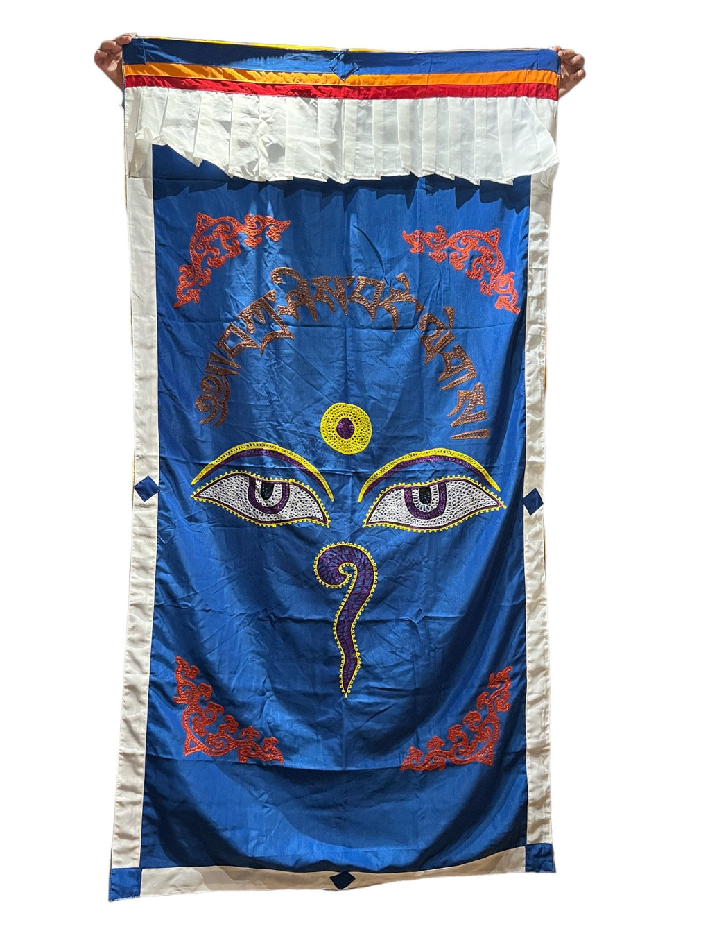 Tibetan Door Curtain: Silk Auspicious Symbols, 3x6 ft