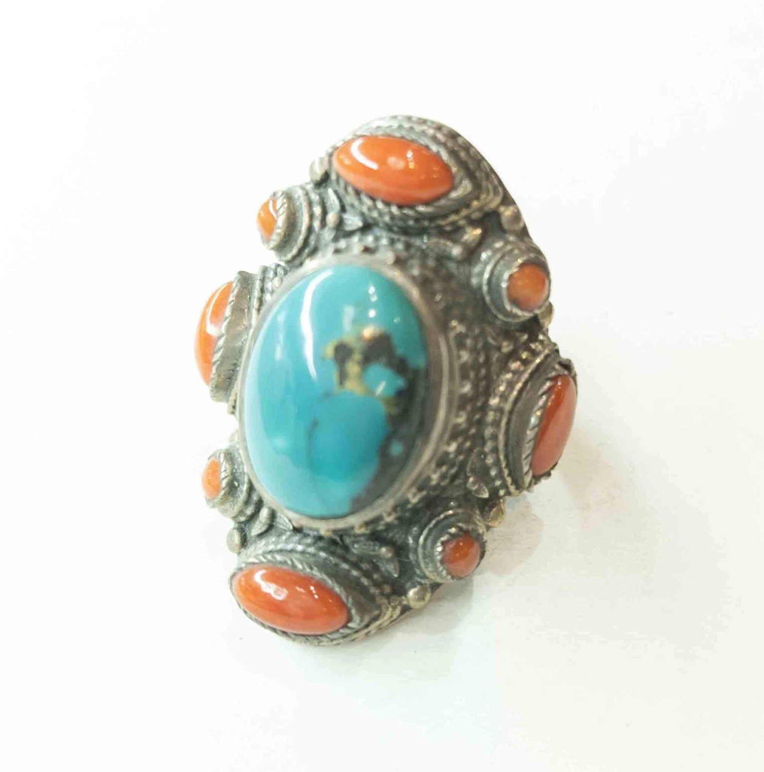 Handmade Tibetan Silver Ring: Turquoise, Coral, and Lapis Lazuli