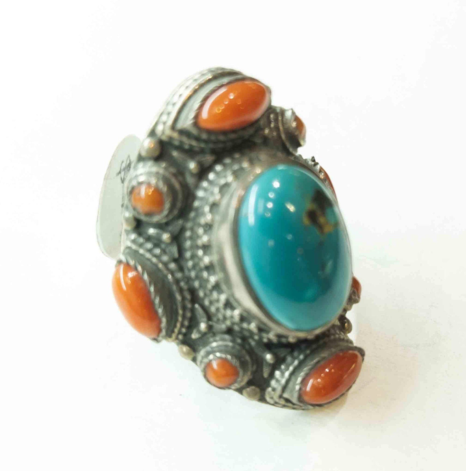 Handmade Tibetan Silver Ring: Turquoise, Coral, and Lapis Lazuli