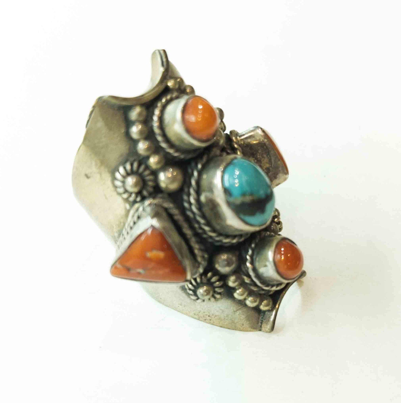 Handmade Tibetan Silver Ring: Turquoise, Coral, and Lapis Lazuli
