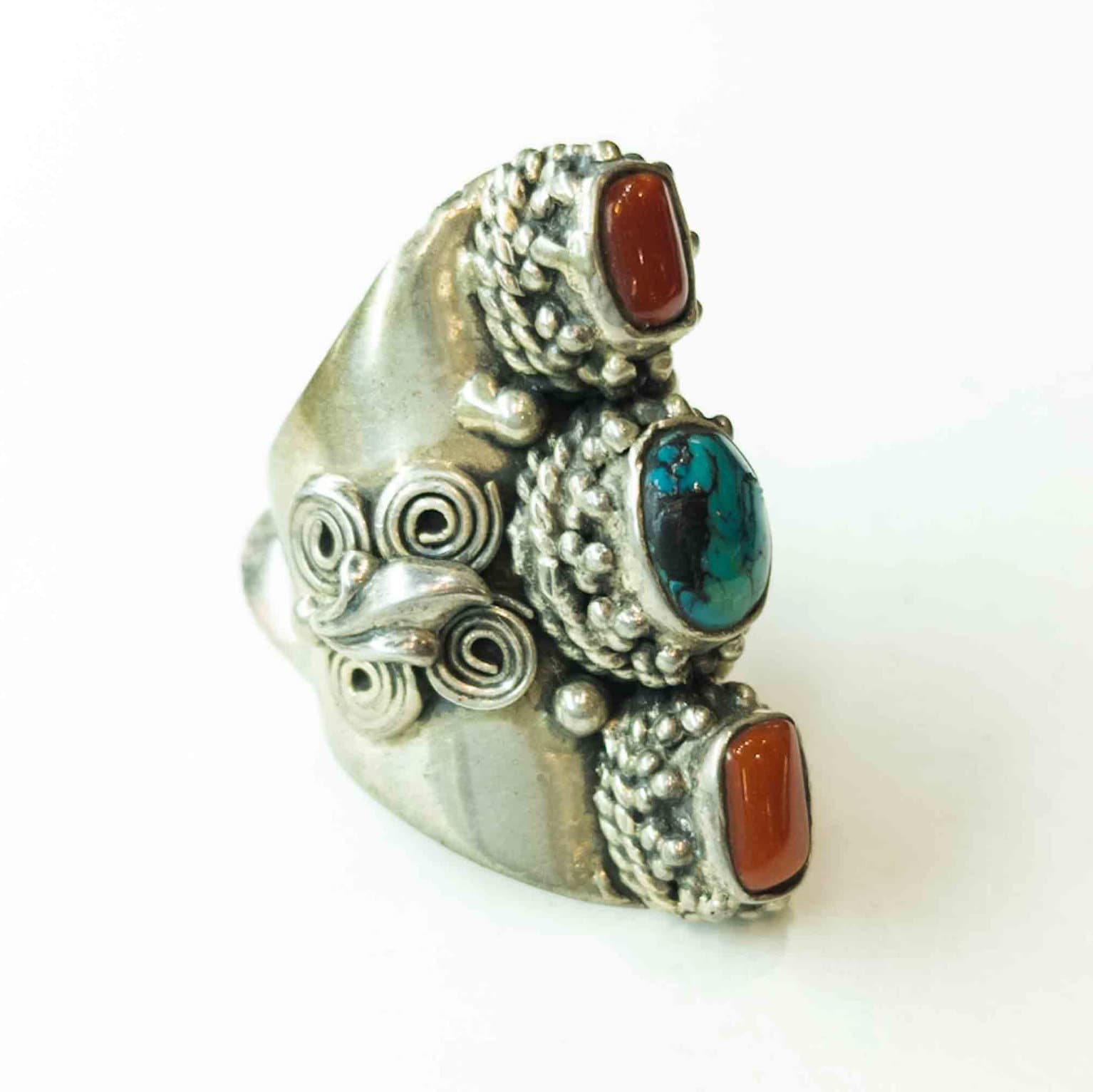 Handmade Tibetan Silver Ring: Turquoise, Coral & Lapis Lazuli