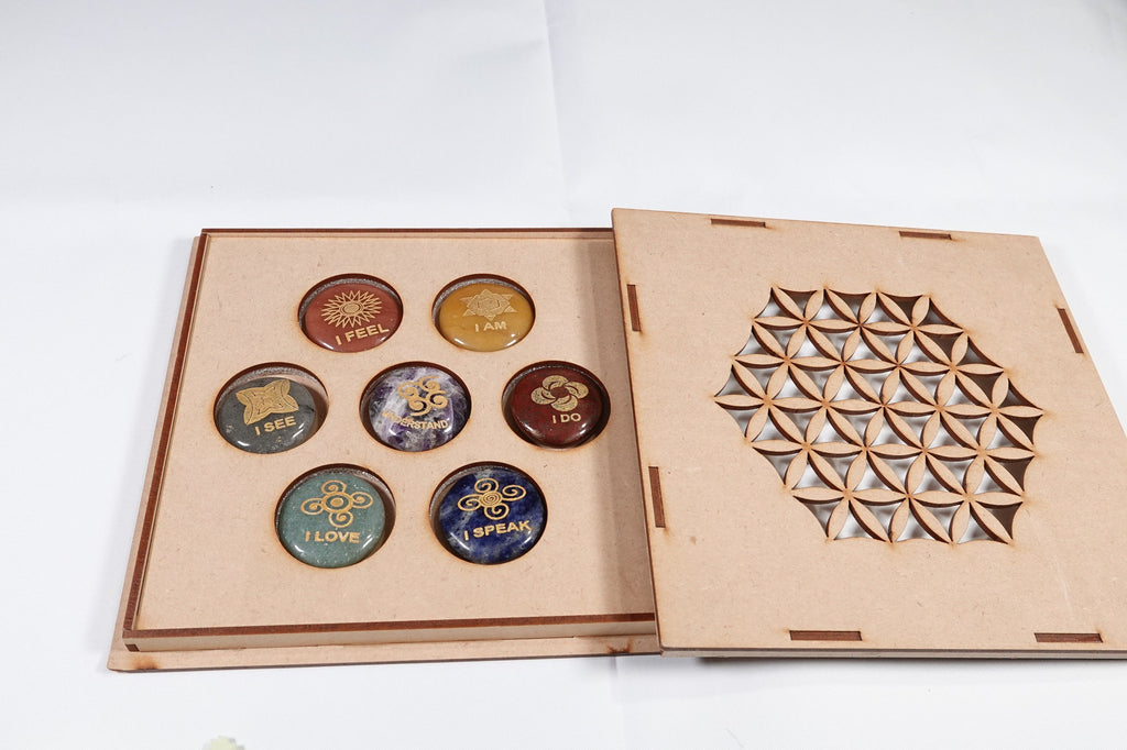 Engraved 7 Chakra Palm Stone Set with Wood Box
