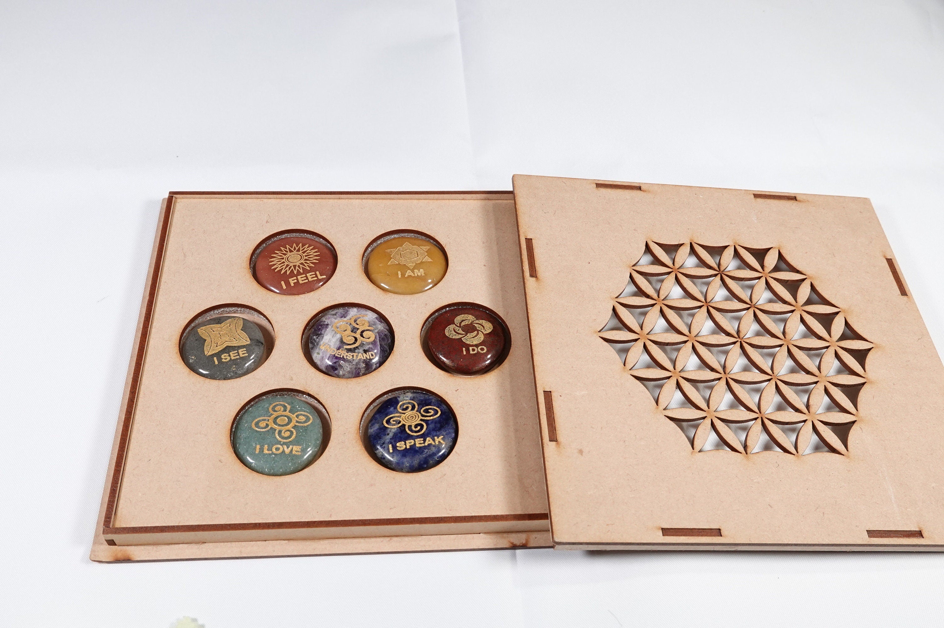 Engraved 7 Chakra Palm Stone Set with Wood Box