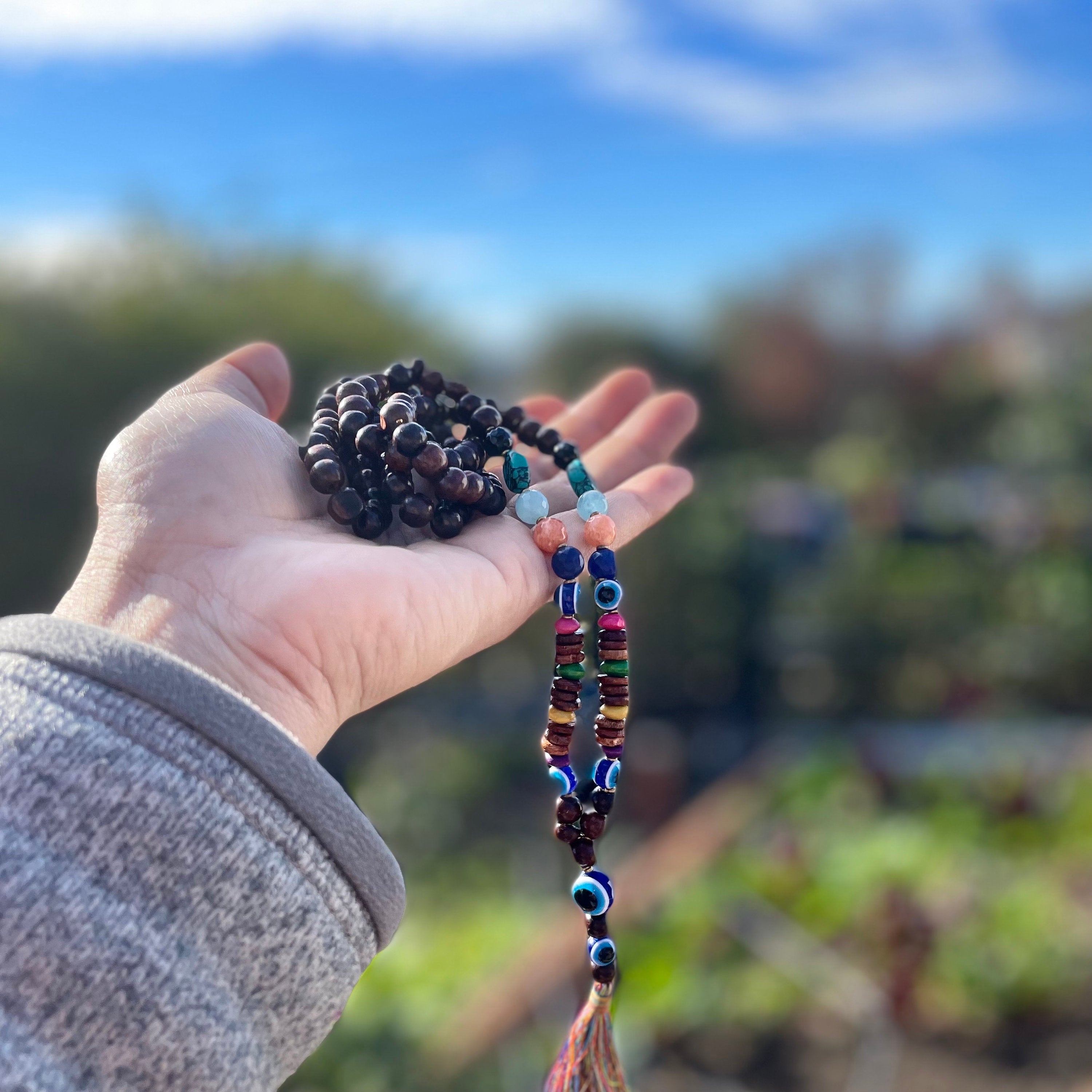 Evil Eye Mala Necklace: Himalayan Rosewood Meditation Beads