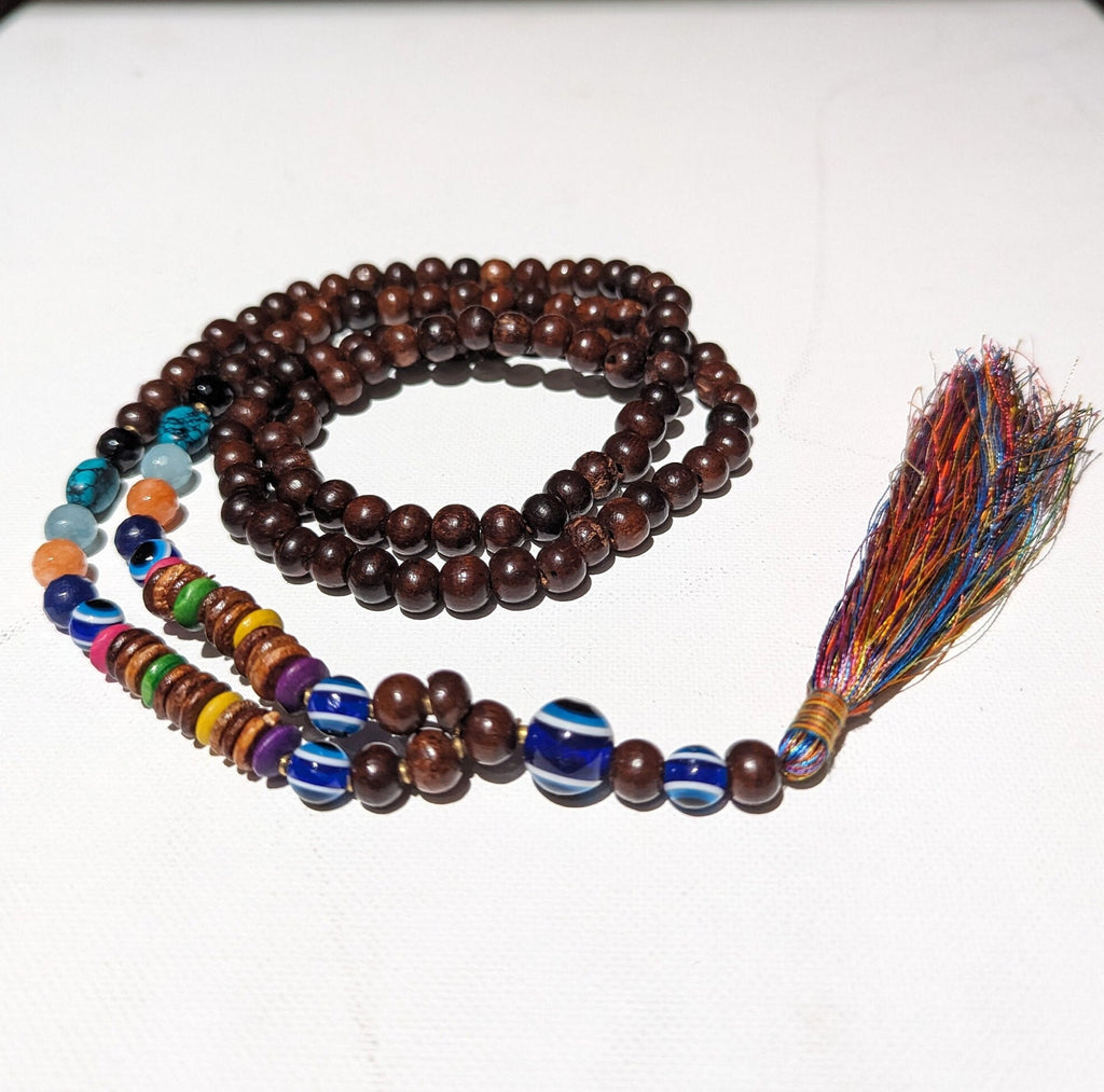 Evil Eye Mala Necklace: Himalayan Rosewood Meditation Beads