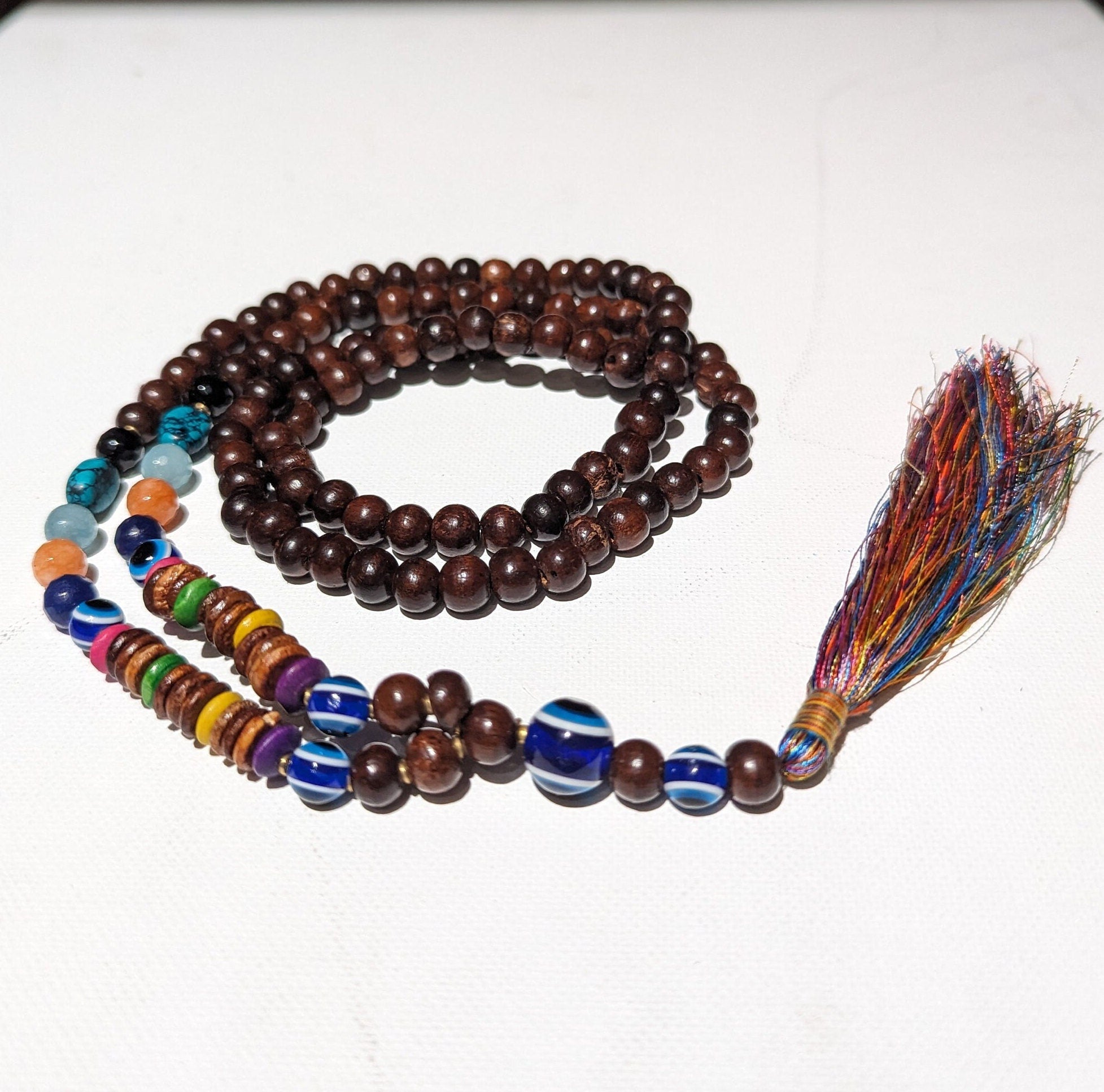 Evil Eye Mala Necklace: Himalayan Rosewood Meditation Beads