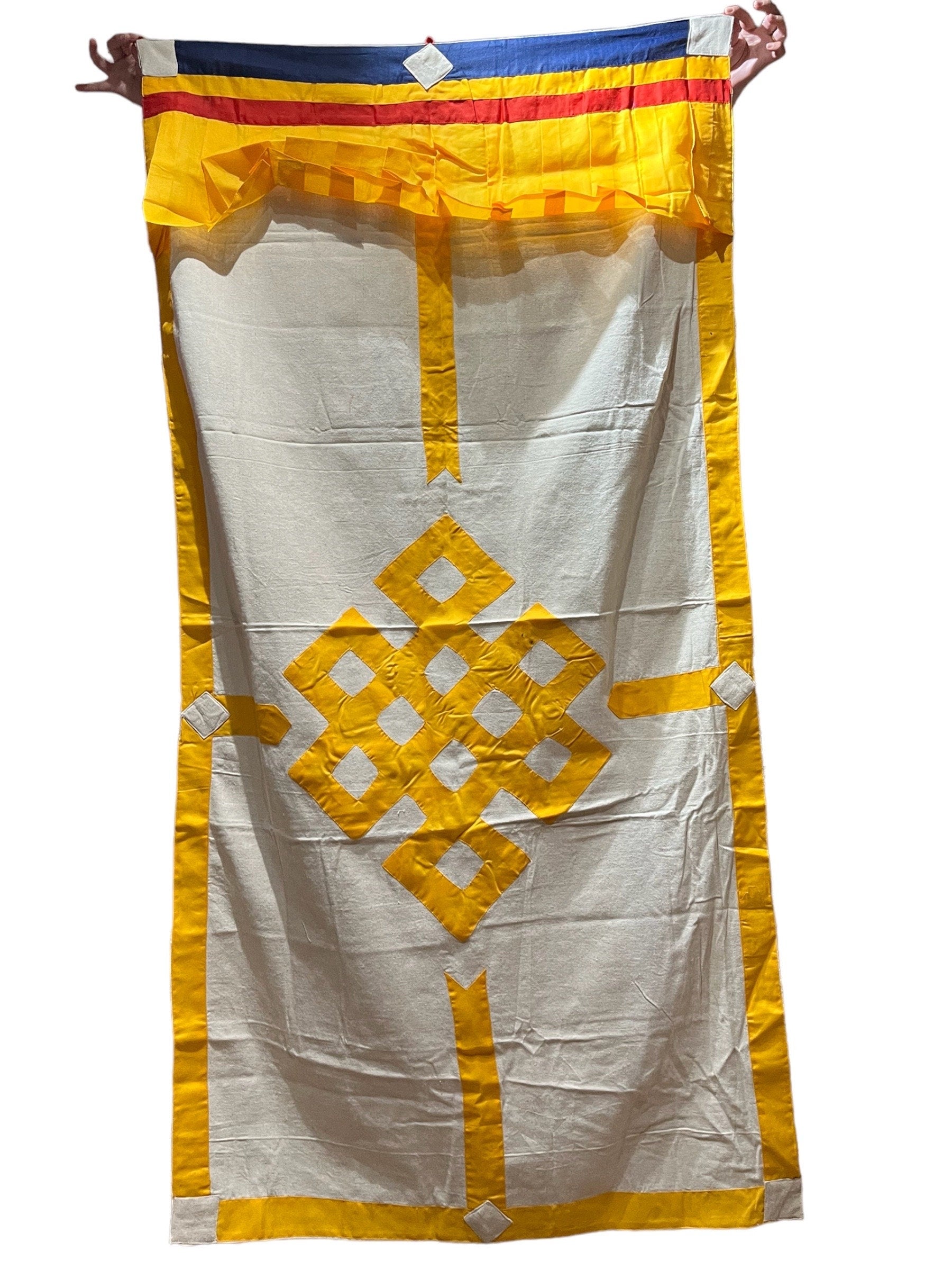 Tibetan Door Curtain: Auspicious Symbols, Silk Cotton Blend (3x6 ft)