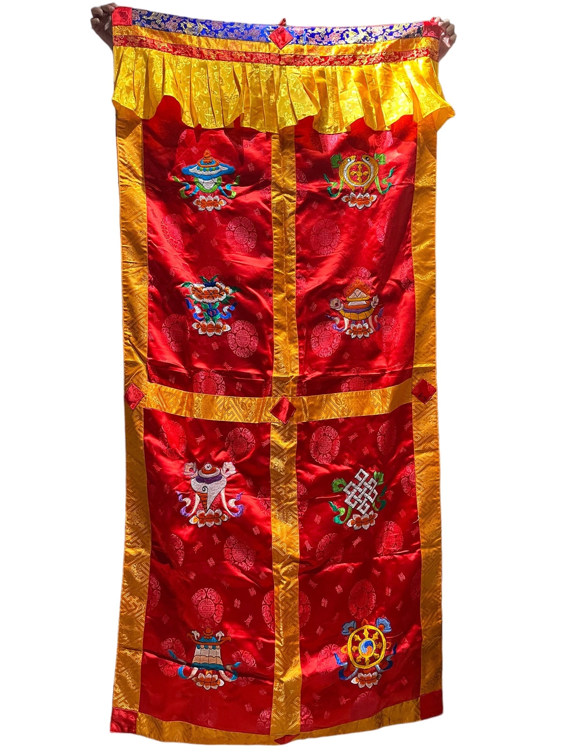 Tibetan Door Curtain: Auspicious Symbols, Silk Cotton Blend (3x6 ft)